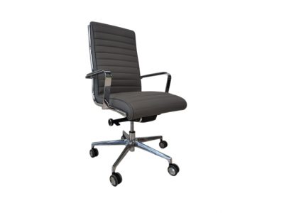 Vista lateral de la silla Trinity en color gris, con respaldo alto y diseño moderno. Ideal para oficinas con ruedas para mayor comodidad y movilidad.